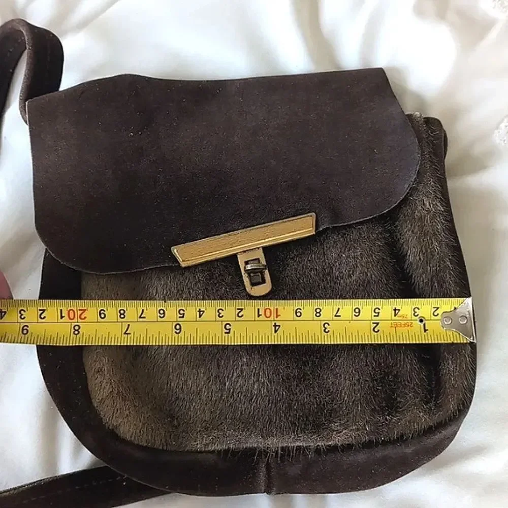60's Vintage Brown Suede- Hair On Hide Brass Turn Lock Hip Crossbody Bag